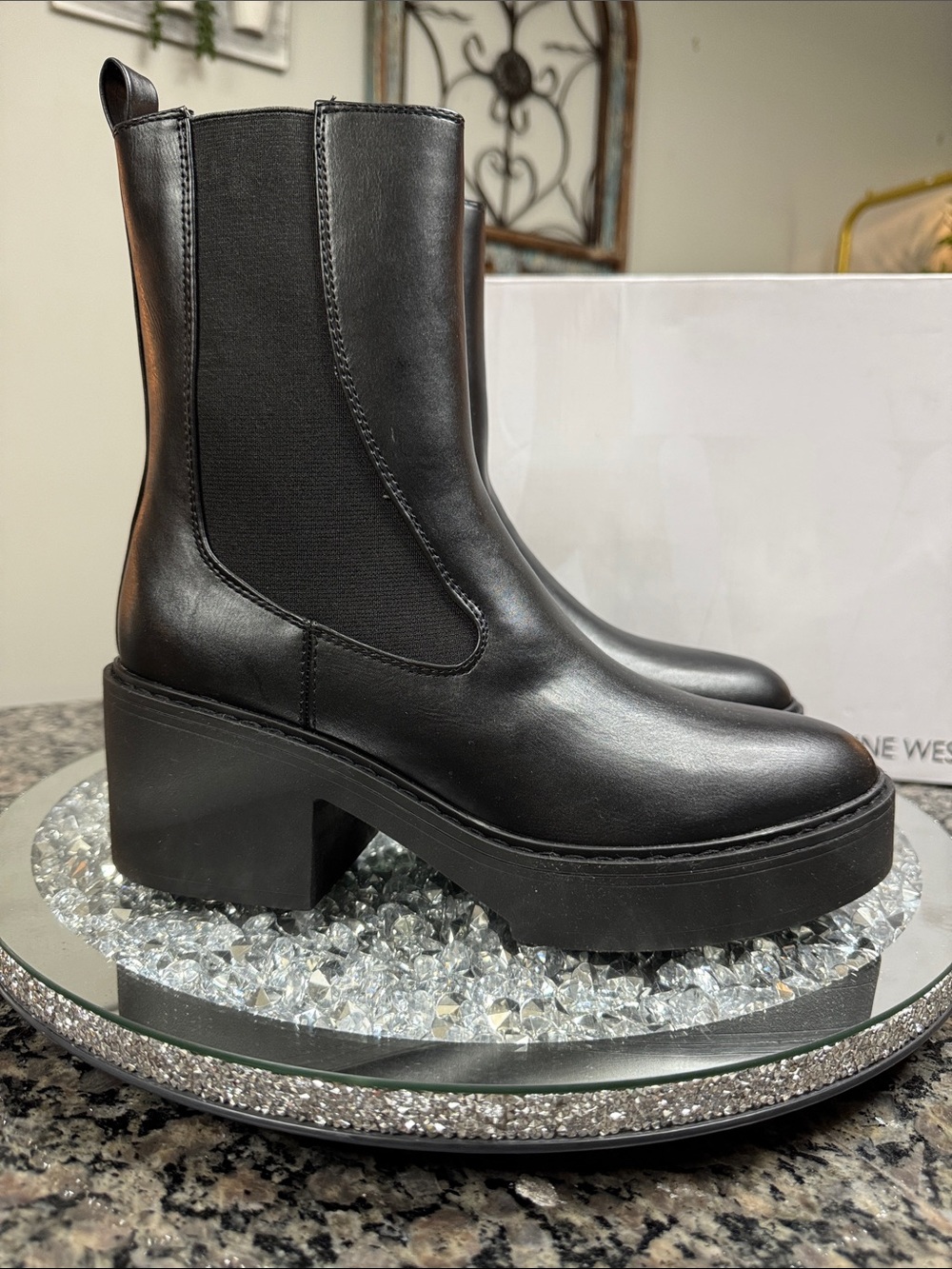 Nine West Black Leather Platform Chelsea Boots